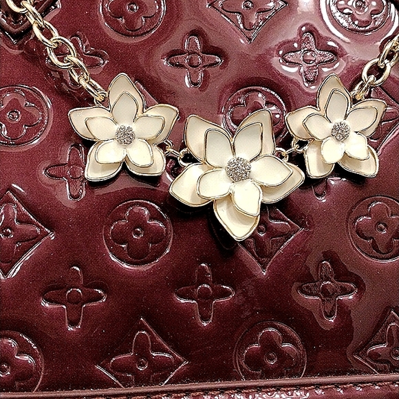 Purse Chain Charm 3 Camelia Plumeria Flowers Roses w Simulated Diamond G… - Picture 6 of 11